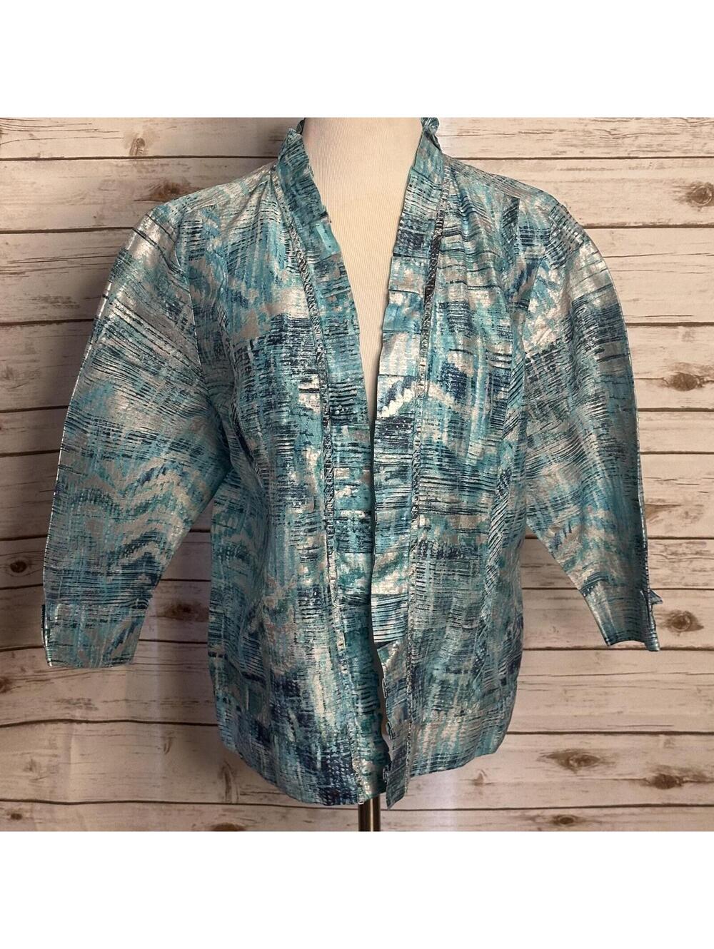 *SOLD* Chico's blue silver linen ruffled beaded collar open front jacket Size 3